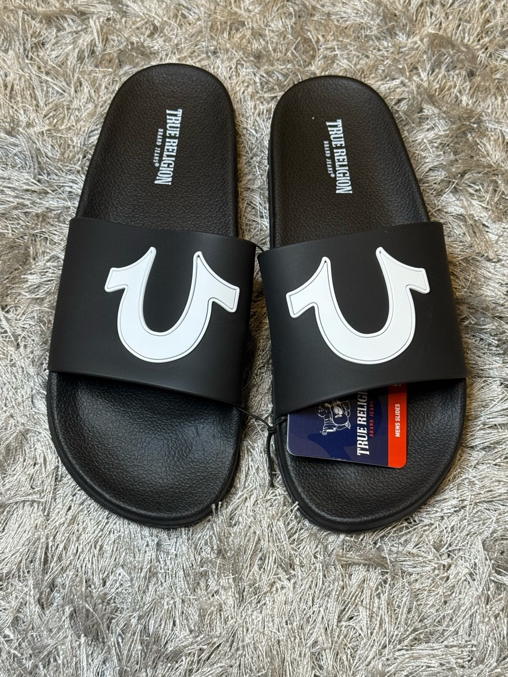 True Religion Black Pool Slides with White Horseshoe Emblem Men’s 9